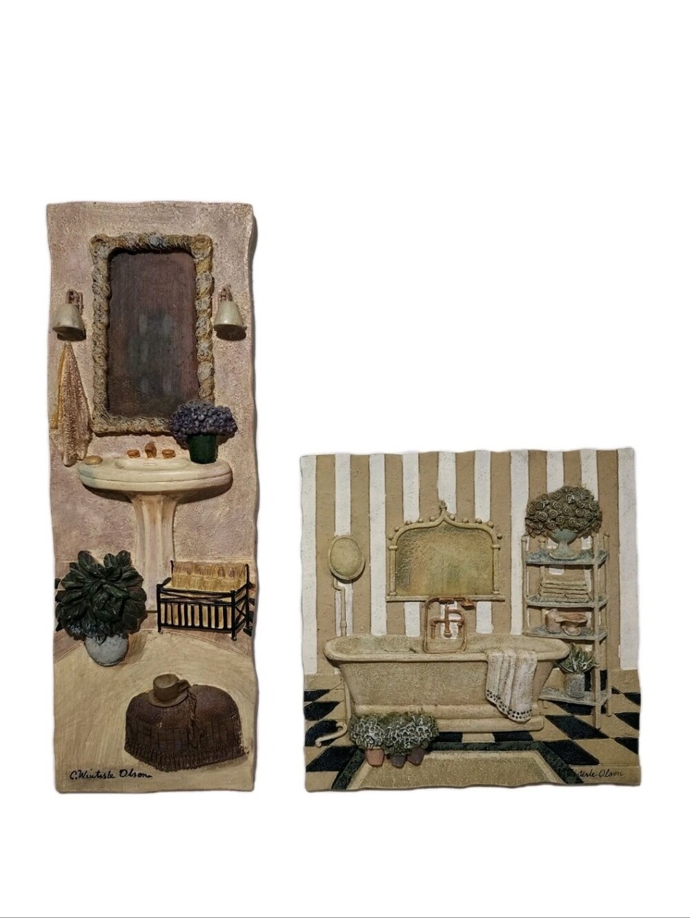 2 Pc Bath Bathroom Decor C Winterle Olson 3D Wall Art Plaque Painting Tub Vanity